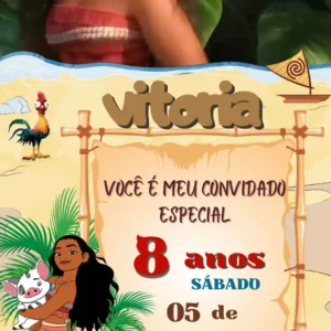 Convite de aniversario da Moana editavel no Canva em formato de video animado.