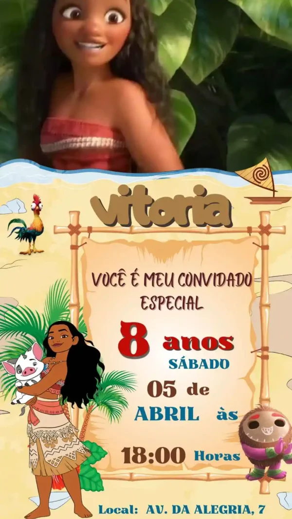 Convite de aniversario da Moana editavel no Canva em formato de video animado.