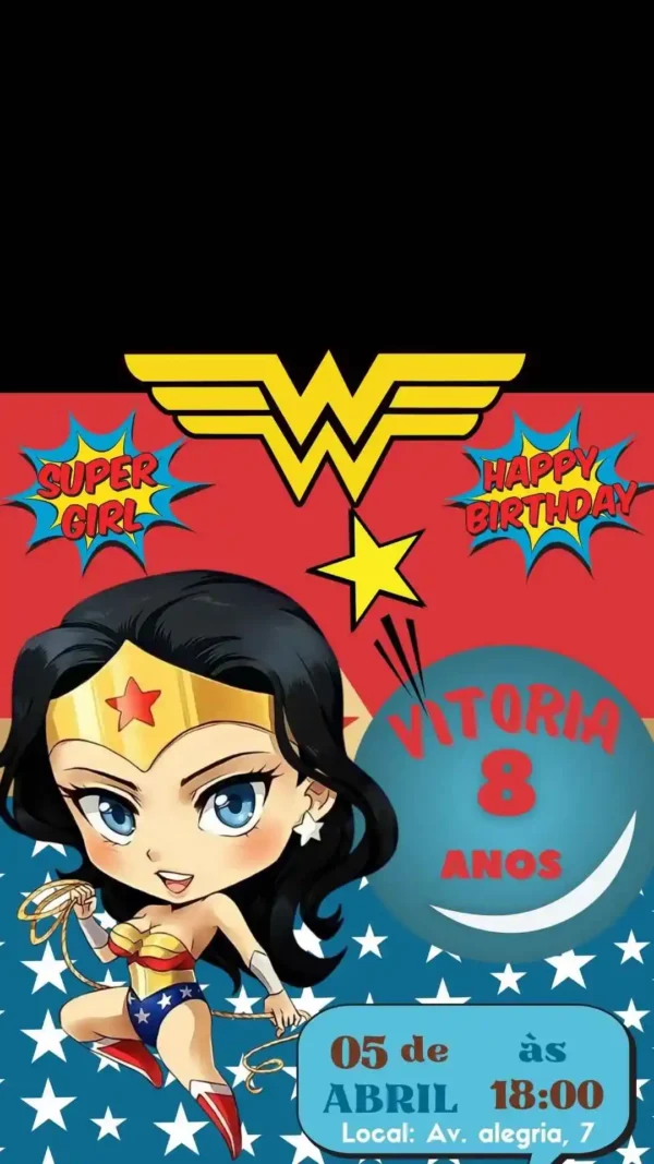 Convite de aniversario da Mulher Maravilha editavel no Canva em formato de video animado.