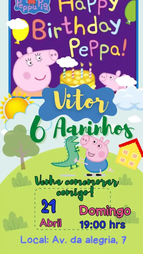Convite de aniversario da Peppa Pig editavel no Canva em formato de video animado.