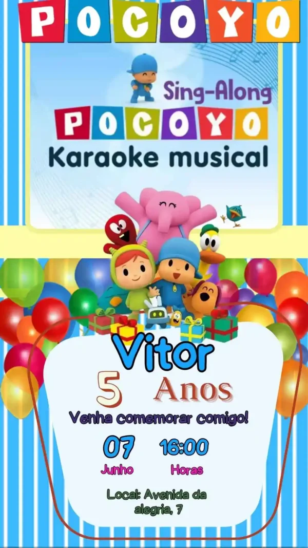 Convite de aniversario do Pocoyo editavel no Canva em formato de video animado.