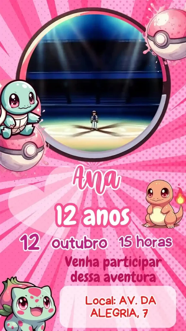 Convite de aniversario do Pokemon editavel no Canva em formato de video animado.