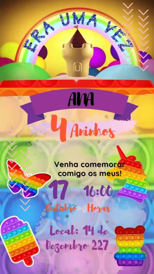 Convite de aniversario no tema Pop It editavel no Canva em formato de video animado.