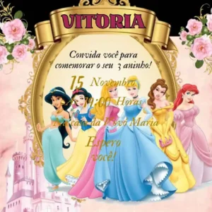 Convite de aniversario das Princesas Disney editavel no Canva em formato de video animado.