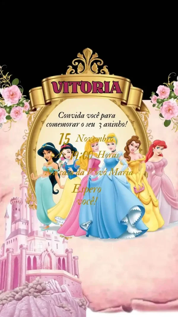 Convite de aniversario das Princesas Disney editavel no Canva em formato de video animado.