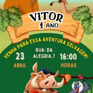 Convite de aniversario do Rei Leao editavel no Canva em formato de video animado.