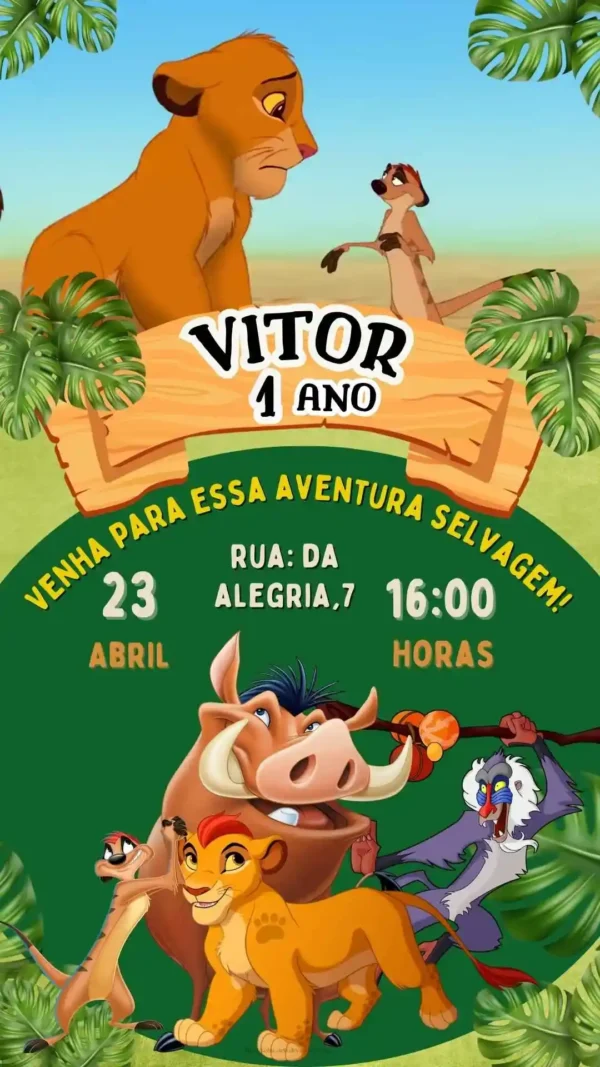 Convite de aniversario do Rei Leao editavel no Canva em formato de video animado.