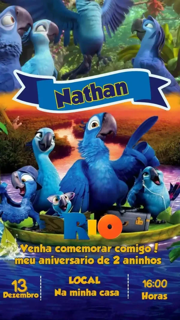 Convite de aniversario do filme Rio editavel no Canva em formato de video animado.