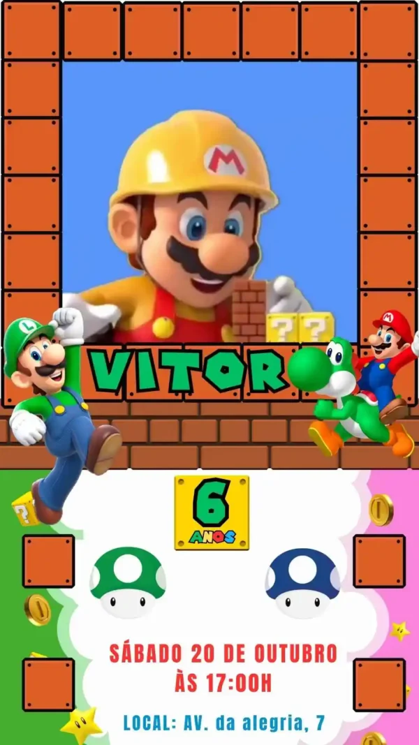 Convite de aniversario do Super Mario editavel no Canva em formato de video animado.