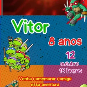 Convite de aniversario das Tartarugas Ninja editavel no Canva em formato de video animado.