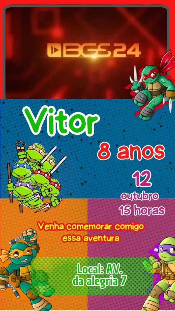 Convite de aniversario das Tartarugas Ninja editavel no Canva em formato de video animado.