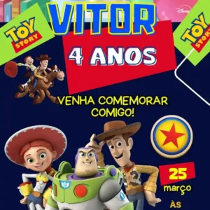 Convite de aniversario do Toy Story editavel no Canva em formato de video animado.