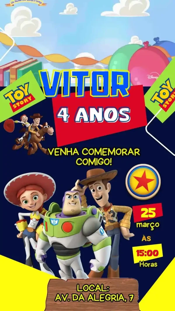 Convite de aniversario do Toy Story editavel no Canva em formato de video animado.
