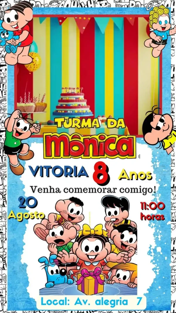 Convite de aniversario da Turma da Monica editavel no Canva em formato de video animado.