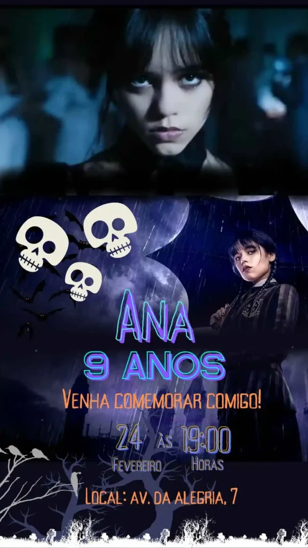 Convite de aniversario da Wandinha Addams editavel no Canva em formato de video animado.