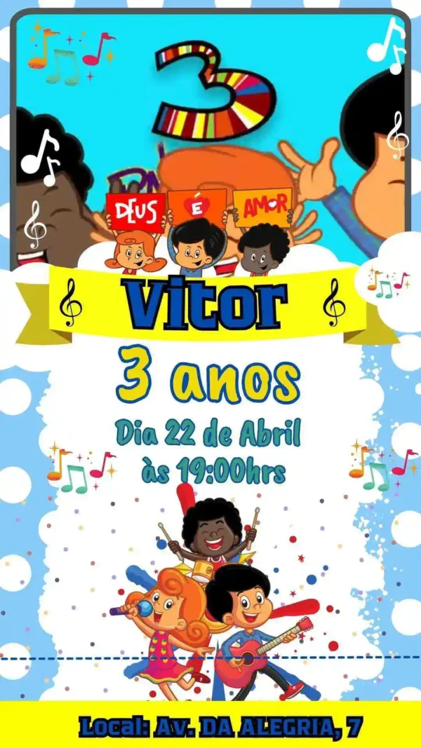 Convite de aniversario do 3 Palavrinhas editavel no Canva em formato de video animado.