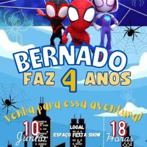Convite virtual de aniversario do Homem-Aranha editavel no Canva em formato de video animado.