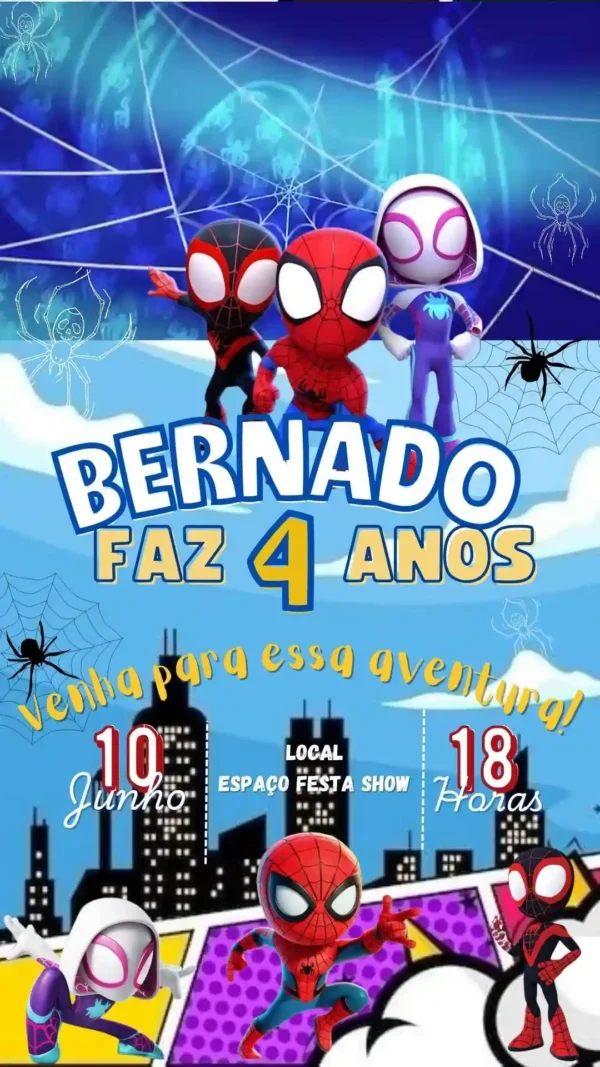 Convite virtual de aniversario do Homem-Aranha editavel no Canva em formato de video animado.