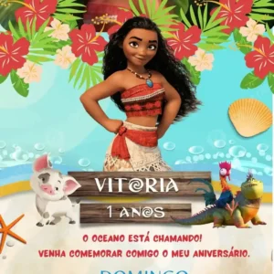 Convite de aniversario da Moana editavel no Canva em formato de video animado.
