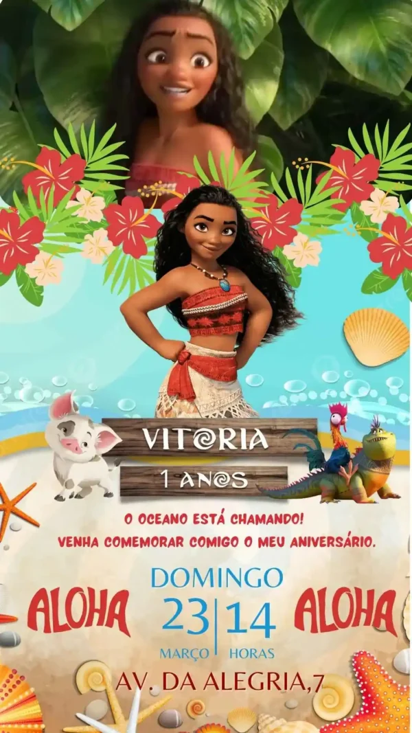 Convite de aniversario da Moana editavel no Canva em formato de video animado.
