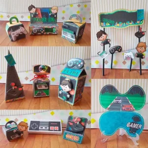 Decoracao de festa e topo de bolo no tema menino gamer em arquivos de corte Studio e PDF.