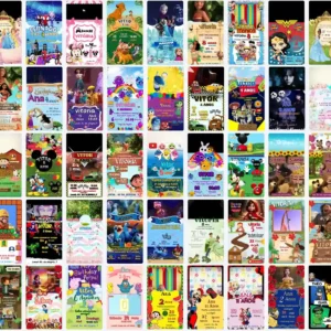 Pack com 50 convites animados de aniversario editaveis no Canva em formato de video.