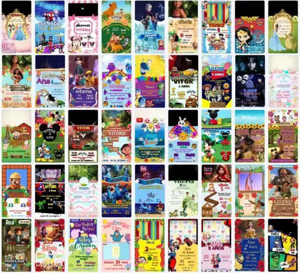 Pack com 50 convites animados de aniversario editaveis no Canva em formato de video.