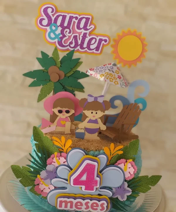 Decoracao e topo de bolo no tema sol praia verao em arquivo de corte para Silhouette Studio.